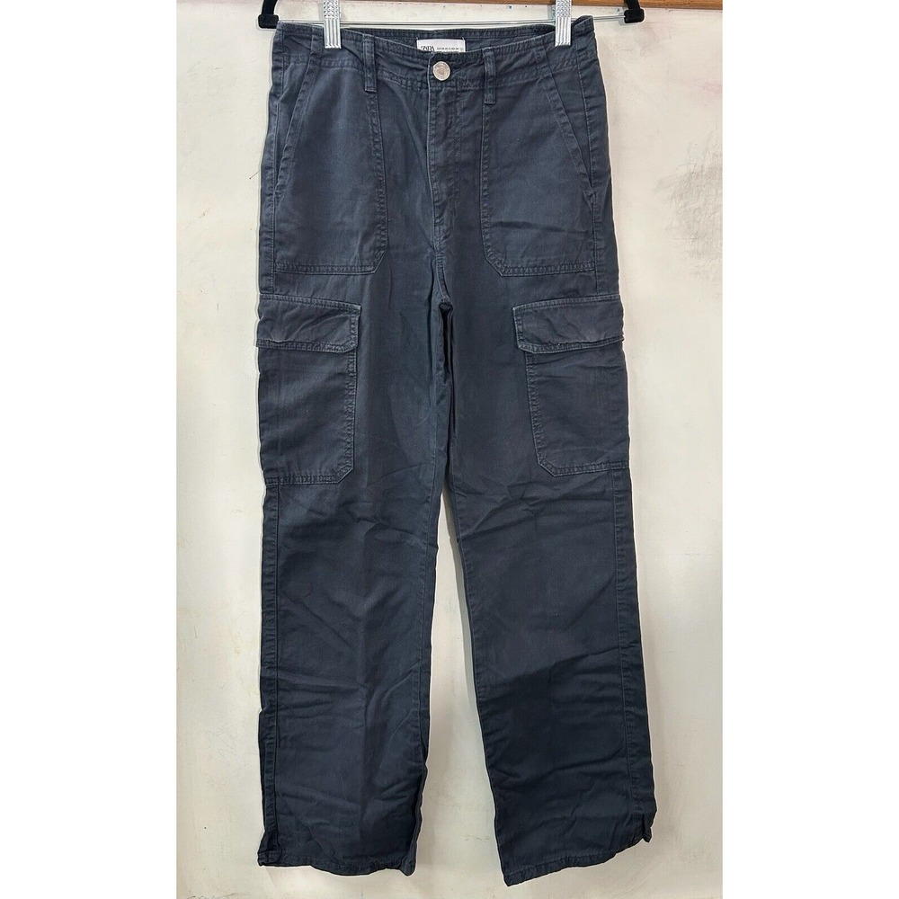 Zara Pants Womens 2 Black High Rise Straight Leg Cargo Utility Cotton Gorpcore